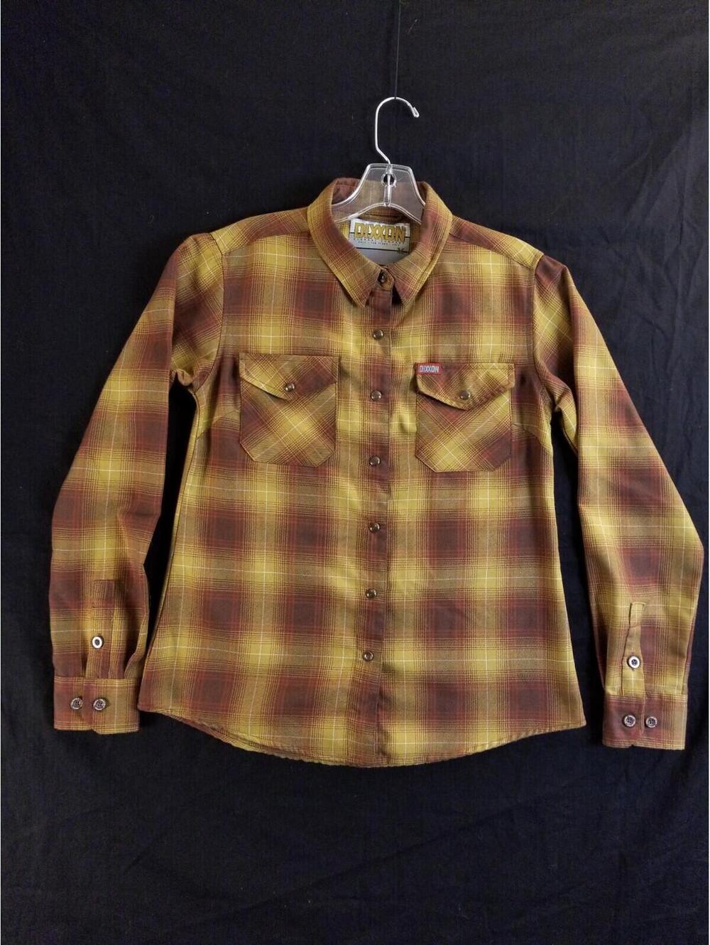 Dixxon Goldfield Women’s M Flannel Shirt Plaid Brown Red Gold Snap Button Long